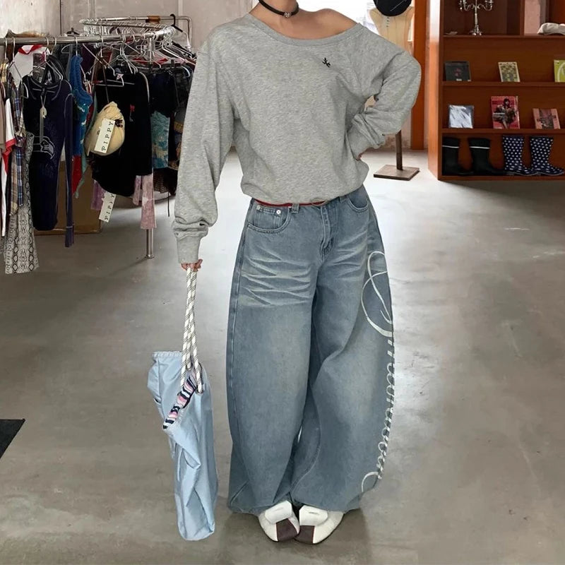 Women Blue Y2k Baggy Boyfriend Jeans Harajuku Vintage Wide Leg Denim Trousers Japanese 2000s Style Jeans Pants Oversize Clothes
