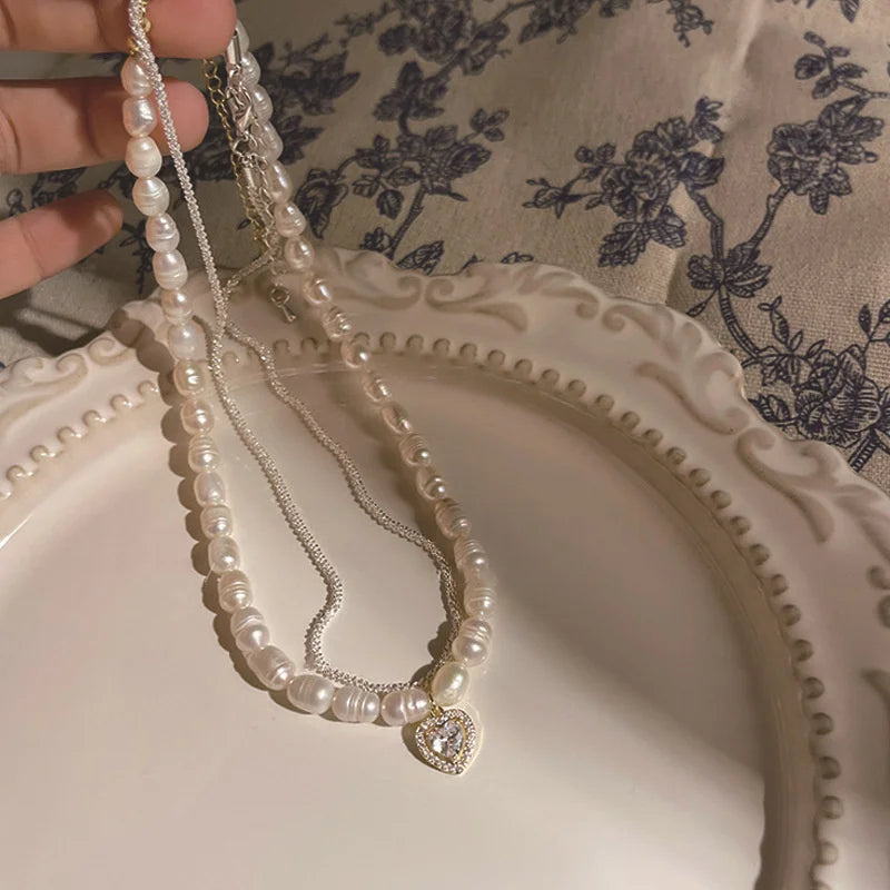 1PC Fashion Korean Style Freshwater Pearl Necklace For Women Gentle Vintage Clavicle Chain Zircon Pendant Necklace Party Jewelry