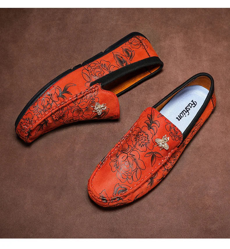 Luxury Brand Yellow Men Casual Shoes Fashion Flower Print Loafers Men Designer Flat Shoes Comfortable Slip-on Male Driving Shoes