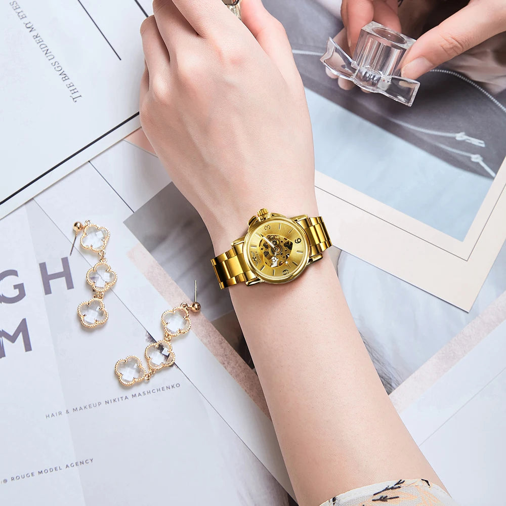 WINNER Fashion Skeleton Watch for Women Elegant Luxury Brand Automatic Mechanical Ladies Watches Gold Stainless Steel Strap 2023