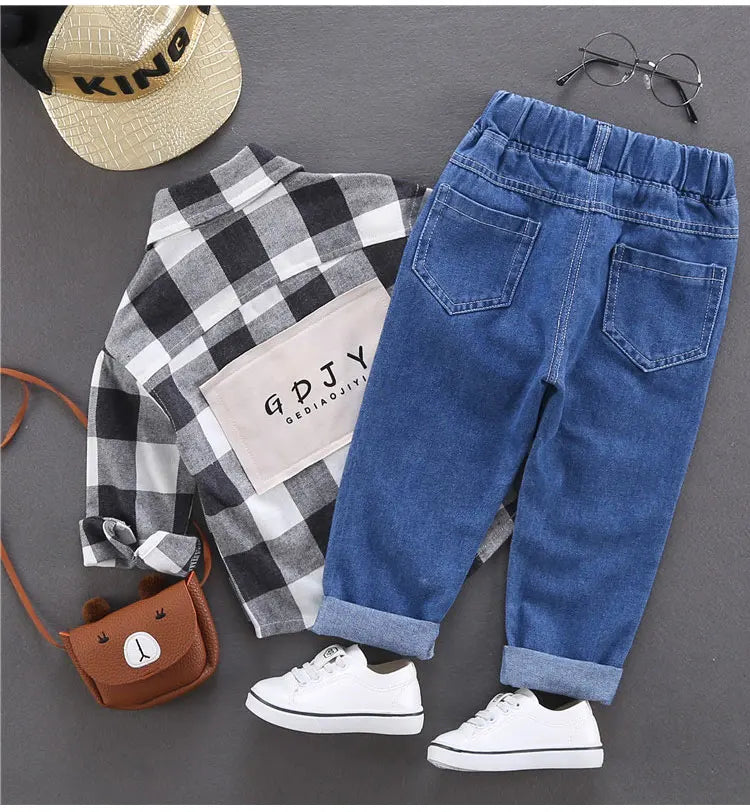 Children Jeans  Boys Cotton Print Splice Stretch Denim Pants Korean Teenage Trousers Wear Kids ClothingDenimRipped Spring Autum