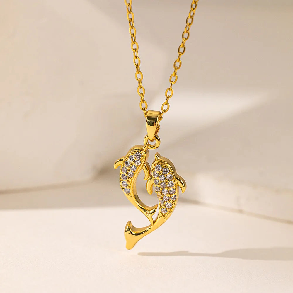 Exquisite titanium steel necklace with dolphin pendant,  sparkling zircon,  women's lock collar chain jewelry