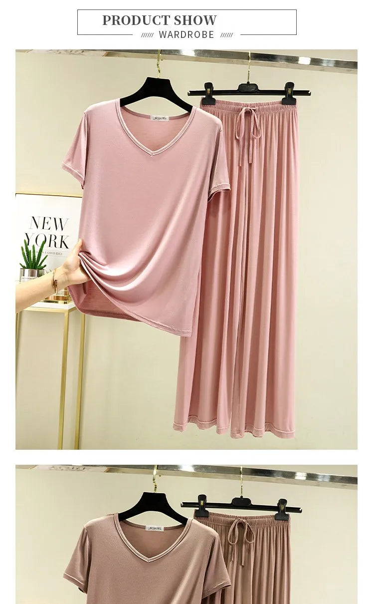 Modal Homewear 2pcs Pajamas set Short sleeve Tops and Trousers Solid color Casual Loose Sleepwear suit Plus size Nightwear