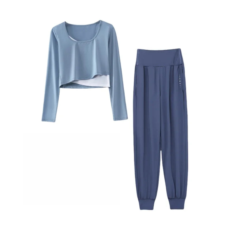 DRUR Women Yoga Set Loose Fit Gym Outfit Long Sleeve Top Pants 2 Piece Sportswear Outfit Running Jogging Suit Fitness Clothing