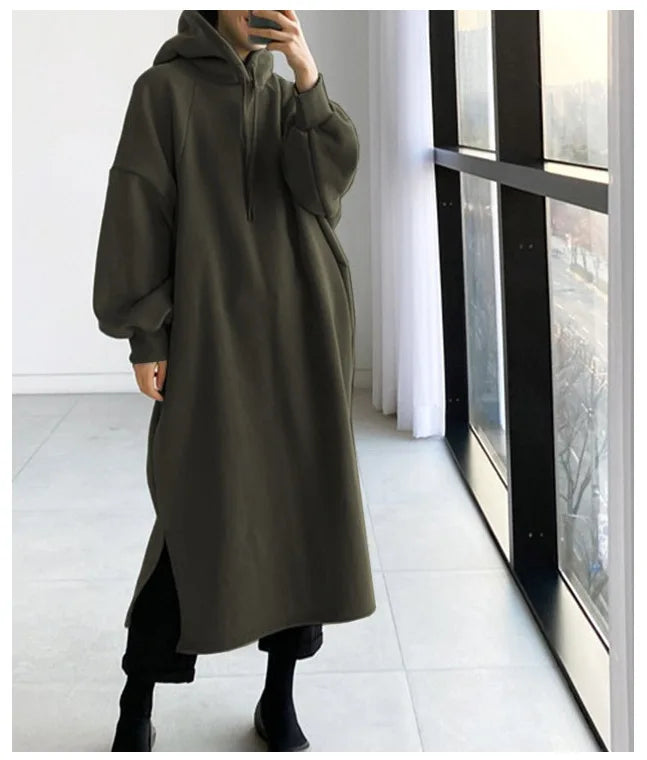 2025 Thicken Autumn Winter Women Oversized Hoodie Long Dress Solid Fashion Long Sleeve Female Clothing Casual Loose New Dresses