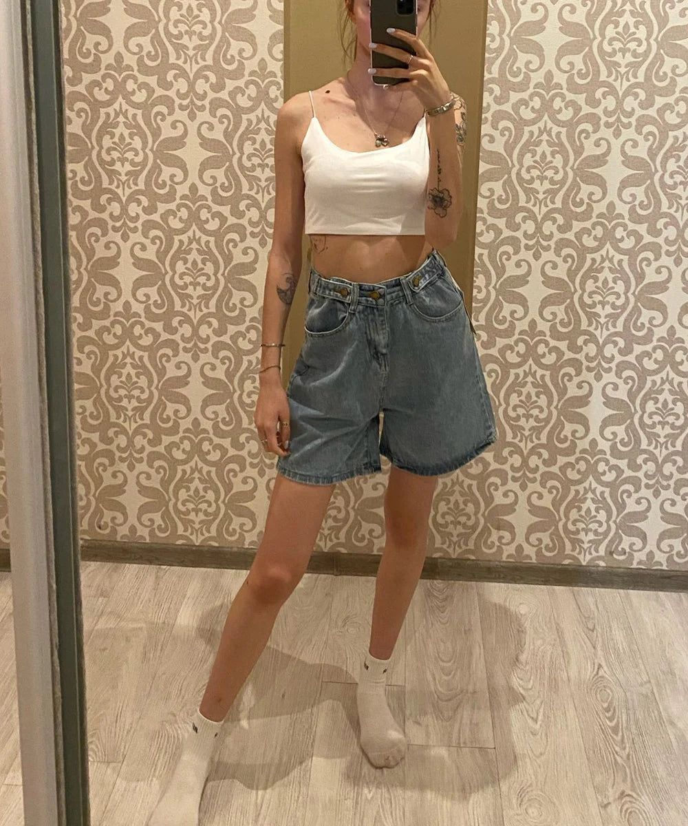 New Summer Women High Waist Button Wigh Leg Jeans Shorts Casual Female Loose Fit Blue Denim Shorts