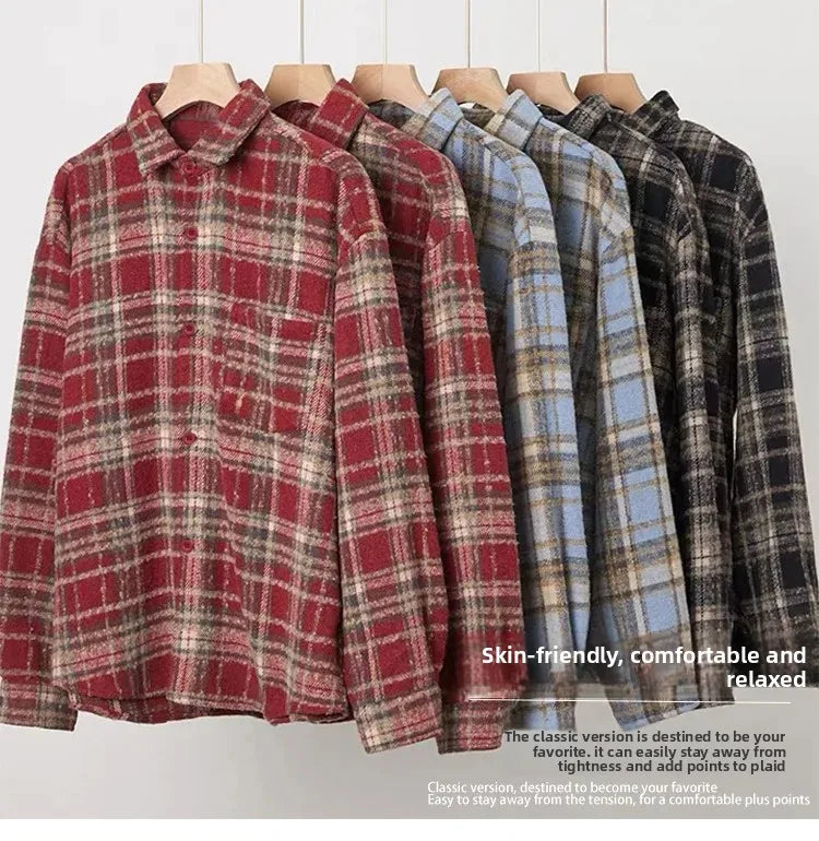 Retro American Plaid Long Sleeve Shirt Women's Lazy Style Loose Slimming Versatile Flannel Coat with Pocket Full Length Button u