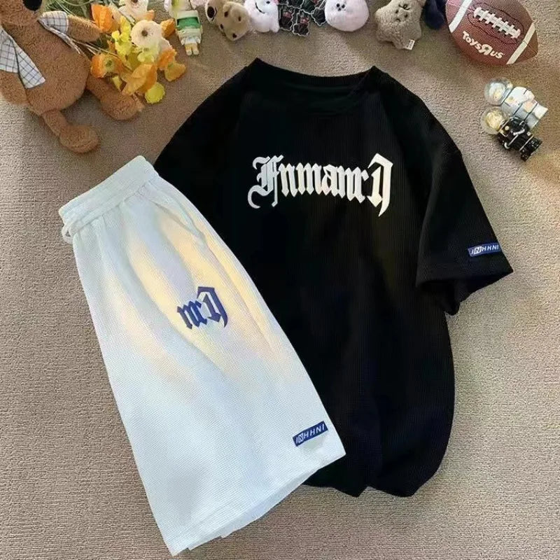 Cross-border Waffle Casual Summer Ice Silk Short-sleeved Sports Clothes Set Men's T-shirt Men's Clothing Set Matching