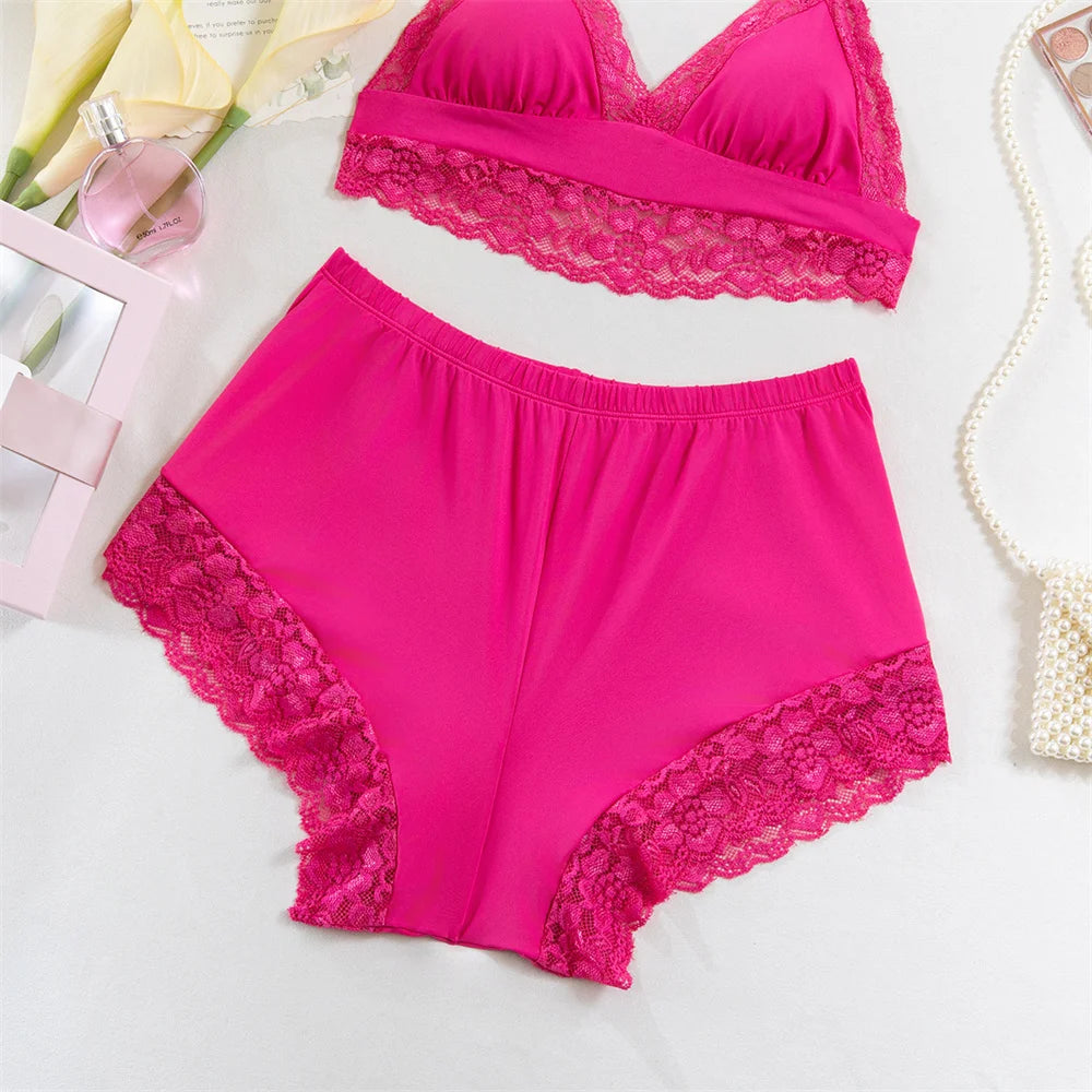 Sexy Lace Splicing Lingeries Sets Woman V Neck Spaghetti Strap Satin Bra And Shorts Pajama Set Casual Home Sleepwear Set