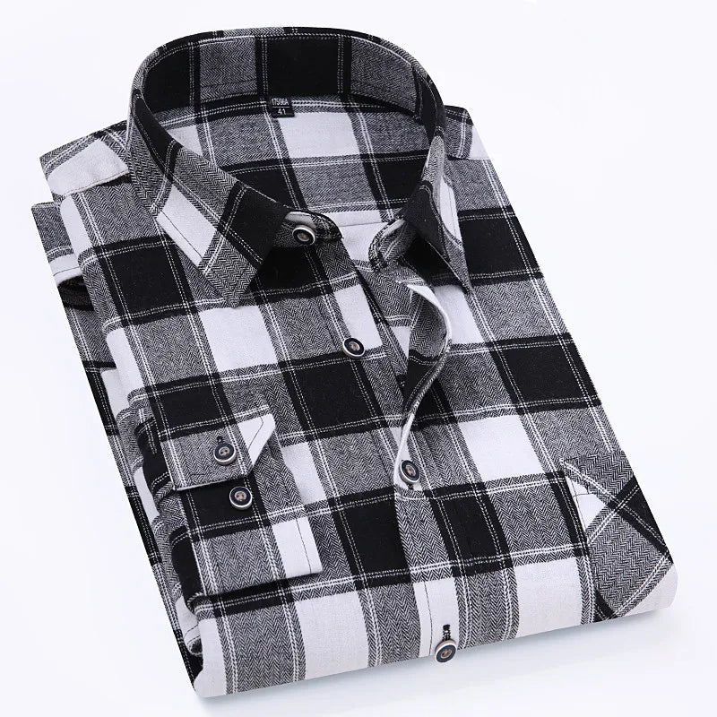 Men's 100% Pure Cotton Flannel Soft Regular-fit Long Sleeve Brushed Shirt Single Pocket Comfortable Casual Plaid Shirts 11XL-9XL