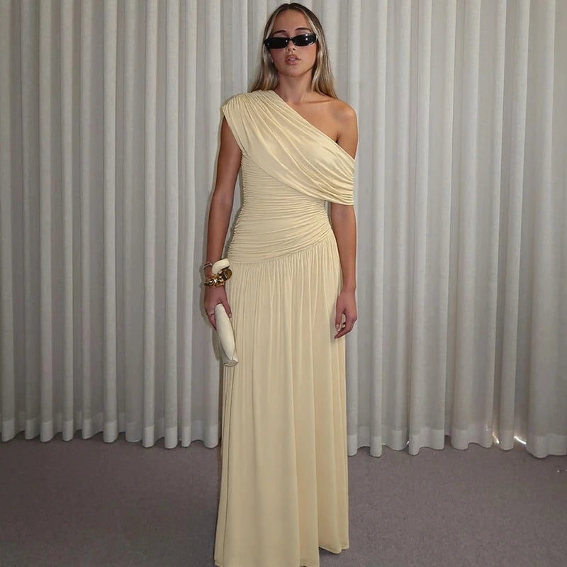 Hugcitar One Shoulder Ruched Sleeveless Solid Pleated Sexy Irregular Y2K Maxi Dress Summer Elegant Party Women Clothes Vacation