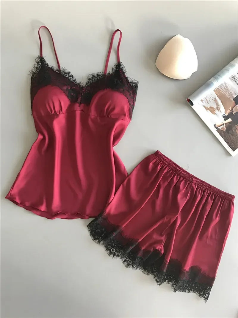 Women Summer Sleepwear Sexy Lace Satin Pajama Sets Lingerie Nightwear Sleeveless Tops+Shorts 2 Pcs Sets Loungewear
