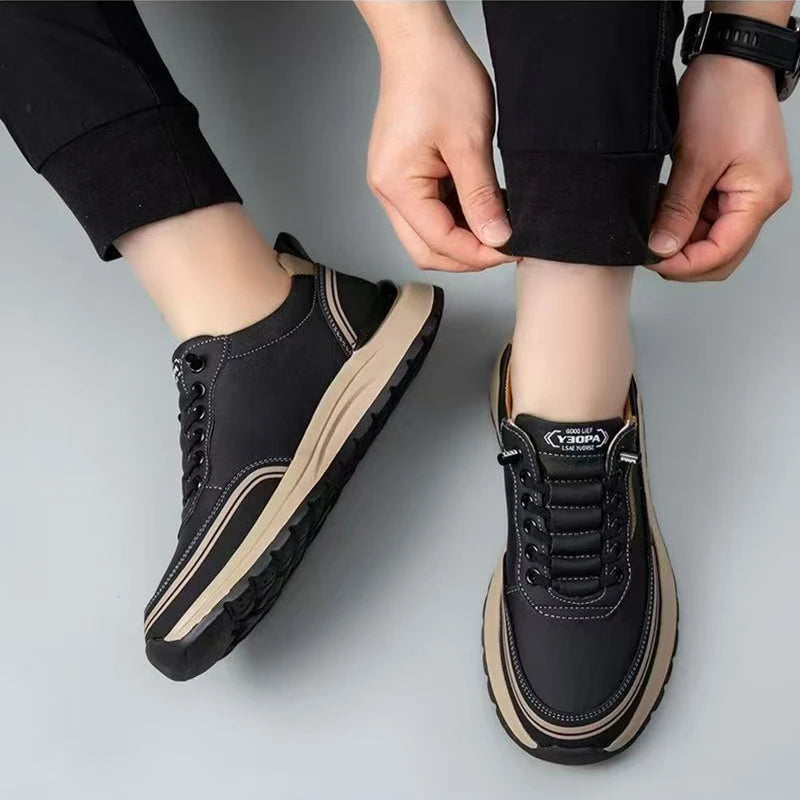 Brand Men's PU Leather Casuals Tendon Sole Lace Up Platform Work Shoes Low Top Light Non-slip Outdoor Versatile Vulcanized Shoes