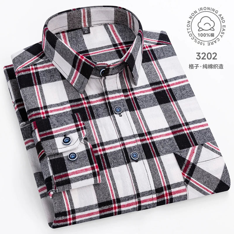 Plaid Flannel Shirts For Men Long Sleeve 100%Cotton Fashion Casual Soft Standard-Fit Man Blouse Clothes Oversize Men's clothing