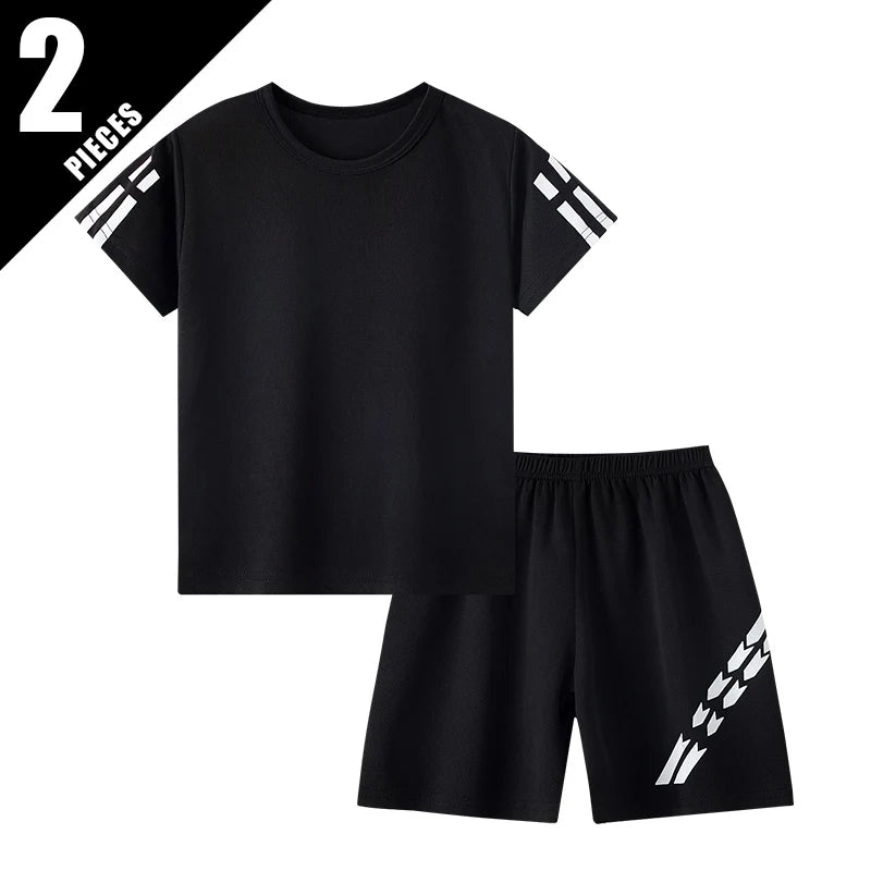 2/4 Pcs Boys' Summer Solid Color Quick Drying Breathable Set Big Kids' Loose Sports Running Hiking Outdoor Short sleeved Shorts