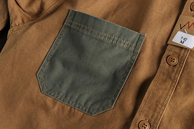 Sleeve patch washed grain woven cotton long sleeve shirt Men's daily tooling retro trend youth thin coat