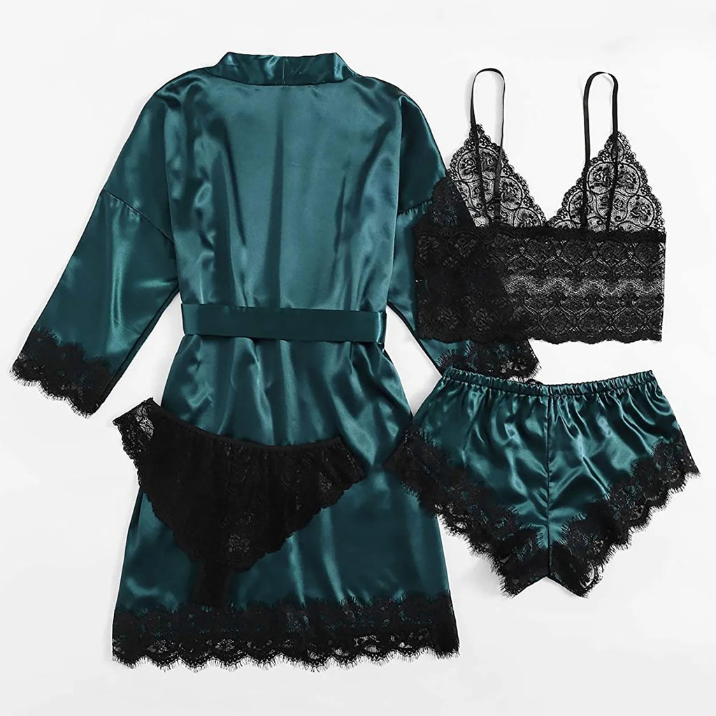 4-Piece Women Sexy Garter Lingerie Set Robes Lace Bodysuit Deep-V Neck Underwear