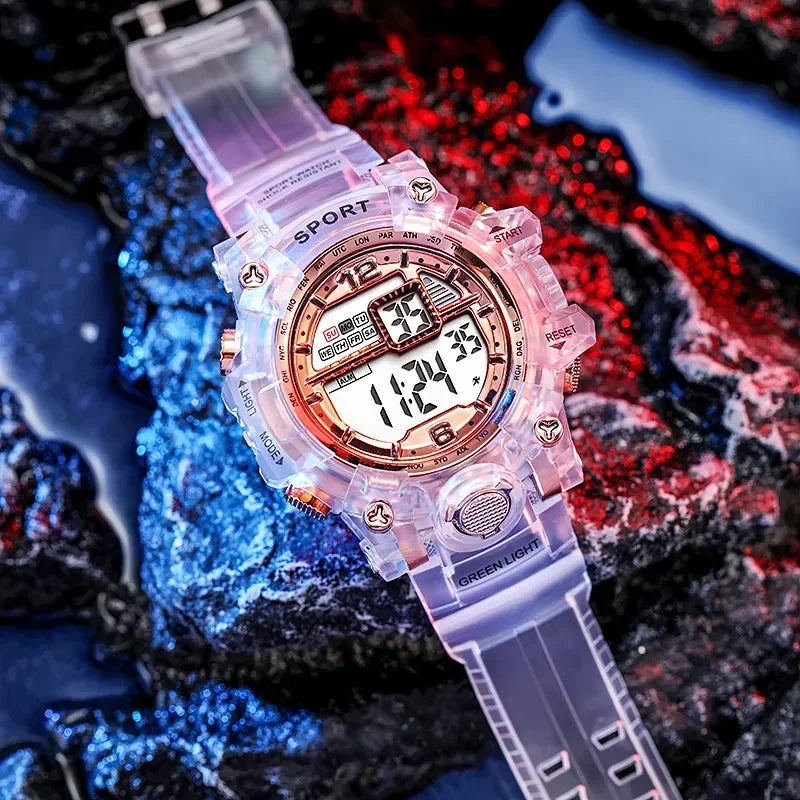 Outdoor Sport Transparent Digital Watch Men Women Alarm Clock 5Bar Waterproof Shock Creative Watches LED Display Wristwatch