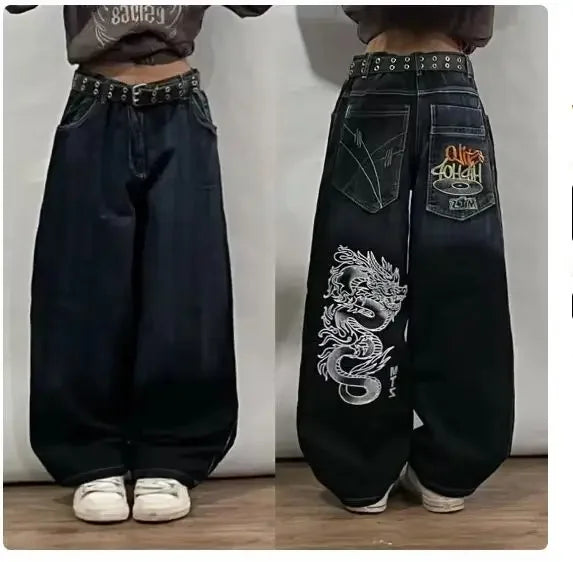 2024 New American hip-hop Vintage baggy jeans women's Harajuku high waist Y2K wide-leg pants Gothic wide pants Streetwear pants