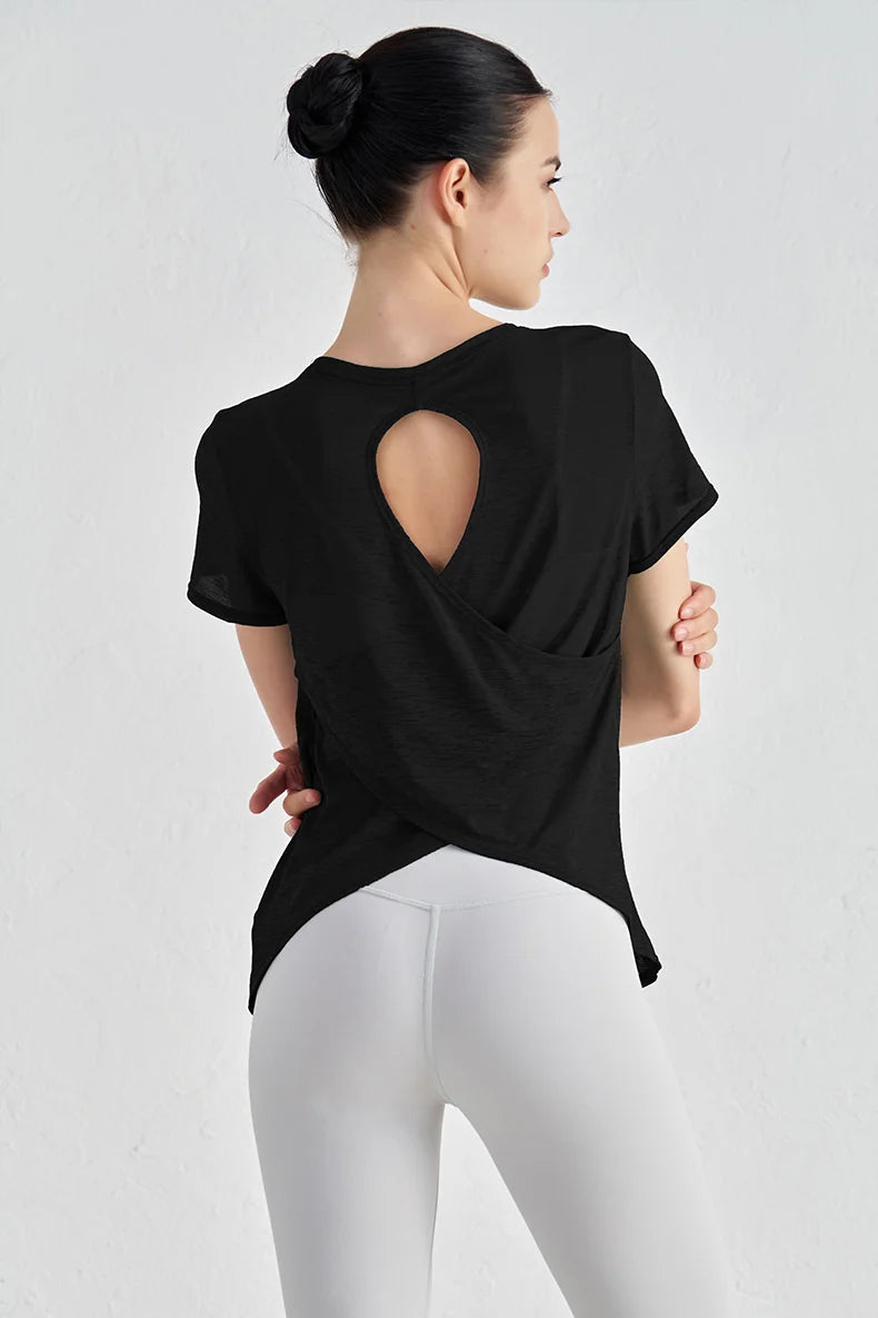 TRY TO BN Gym Tops Women Short Sleeve Sports Fitness Nylon Hollow Back Breathable Women's T-Shirt Training Runing Yoga Clothing