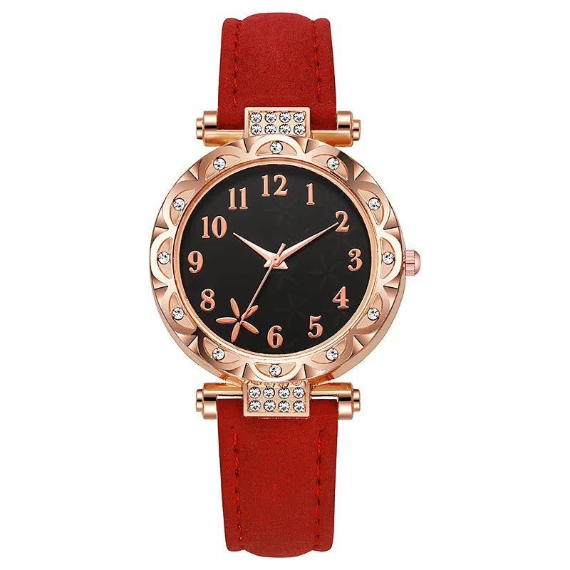 Fashion Sunflower Dial Watch Rose Gold Women's Starfish Quartz Watch Leather Strap Temperament Water Diamond