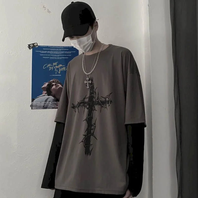 T-shirt for Men Summer Cross of Thorns Suitcase Men's T-shirts Long-sleeved Dark Hip-hop Men's oversize t-shirt Y2k T Shirt Tops