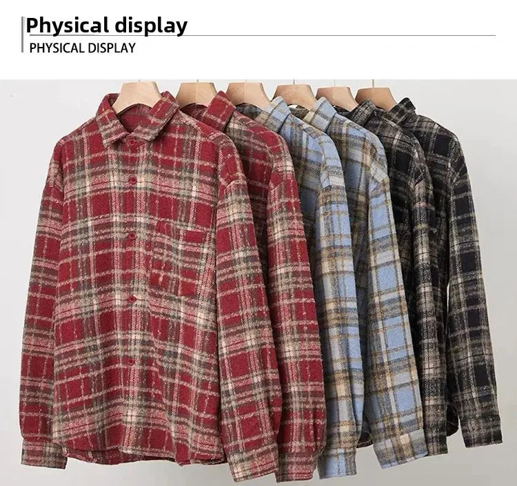 Retro American Plaid Long Sleeve Shirt Women's Lazy Style Loose Slimming Versatile Flannel Coat with Pocket Full Length Button u