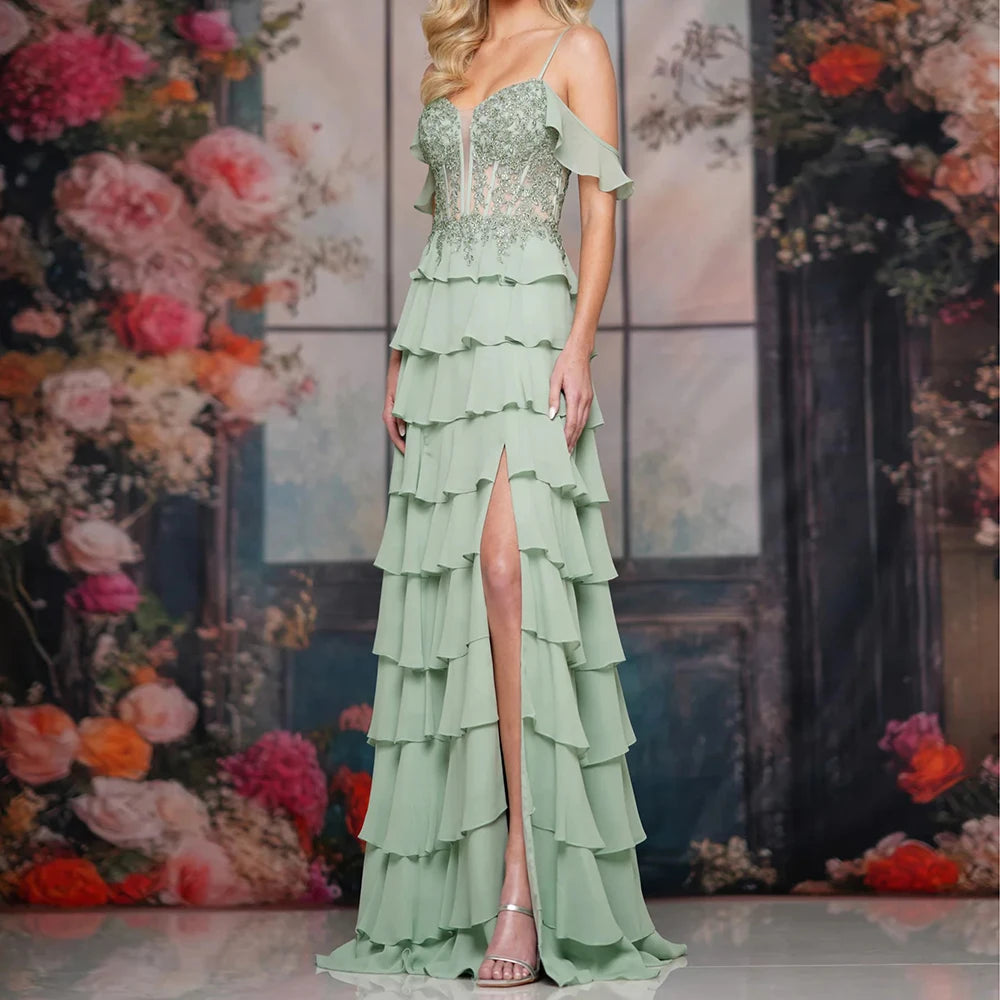 Customized A-line Evening Dresses Floor-length Spaghetti Strap Sleeveless Prom Gown Fashion Lace Backless Lace-up Party Gown