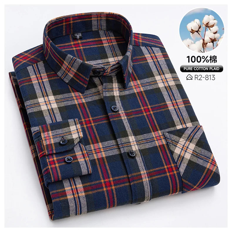 Pure Cotton Men's Plaid Shirts Long Sleeved Regular Fit Casual Office Fashion Shirts Leisure Autumn Male Check Blouses Plus Size