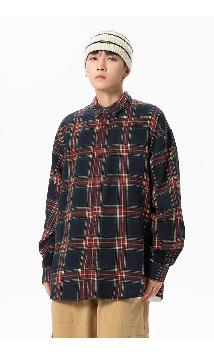 Plaid Shirt with Long Sleeves, Loose Fit, for Casual Men, Harajuku Style, Spring and Autumn Brushed Cotton Shirt.Oversized