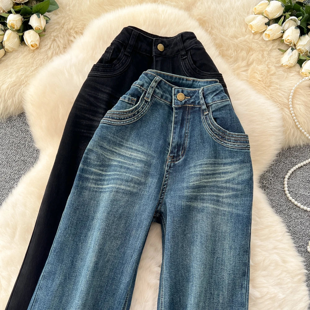 SINGREINY Female Do Old Vintage Jeans Zipper Casual Trendy Street Long Pants Chic High Waist Classic Versatile Boot Cut Trousers