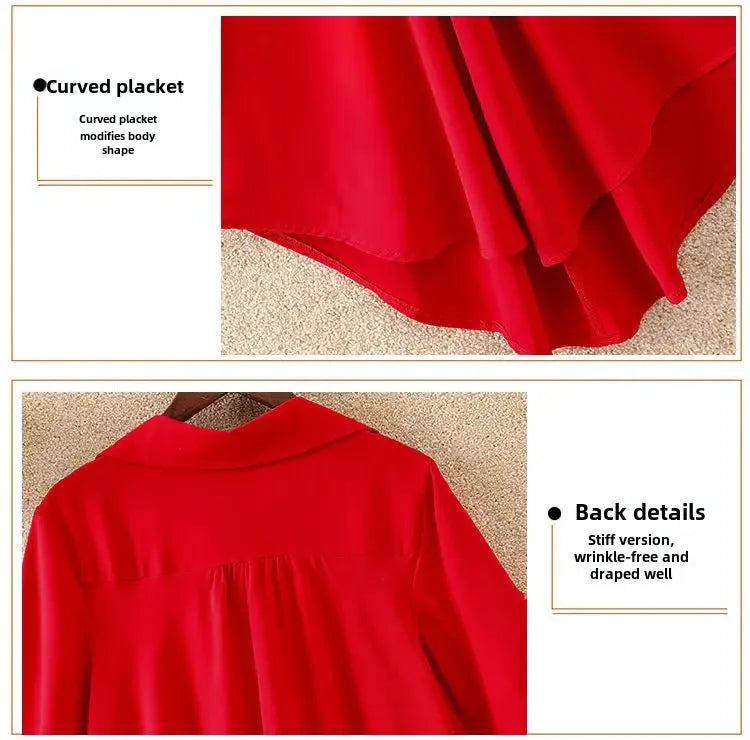 Women's Slimming Chiffon Top 2024 Summer New Style Medium-Length Short Sleeves Plus Size Loose-Fit Waist-Fitted Shirt