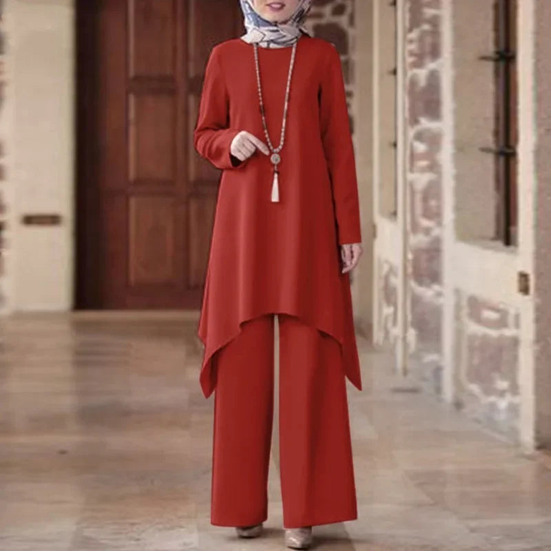 Hot Sale Of The Season Muslim Women's Fashion Casual round Neck Overhead Long Pants Midi Skirt Set Solid Color Middle East Cross
