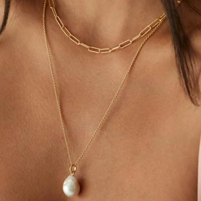 18K Gold Plated Non-Tarnishing Women's Stainless Steel Pearl NecklaceinsFashionable Simple Double Layer Stacked Long Chain Titan