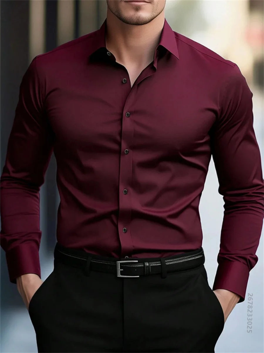 High quality men's solid color long sleeve business shirt, no need to iron, high quality social dress formal casual two use