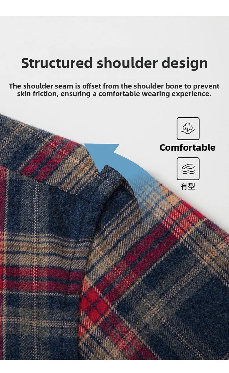 Men's Plaid Long Sleeve Shirt Fleece Finish Casual Style High End Feeling Autumn Winter Collection Fashionable Youth Urban Wear