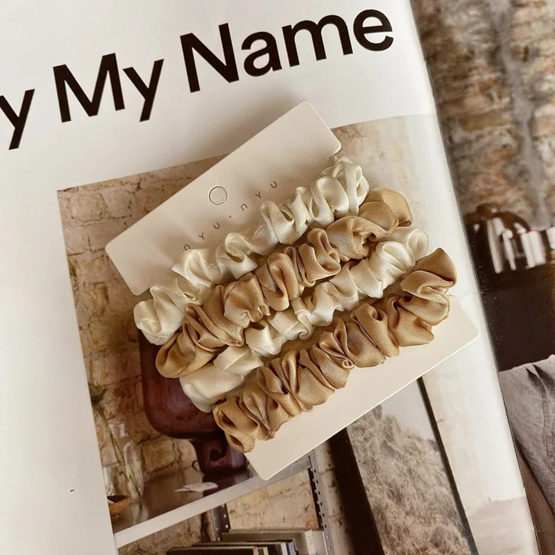 4pcs Real Silk Skinnies Small Scrunchie Set Hair Bow Ties Ropes Bands Skinny Scrunchy Elastics Ponytail Holders for Women Girls