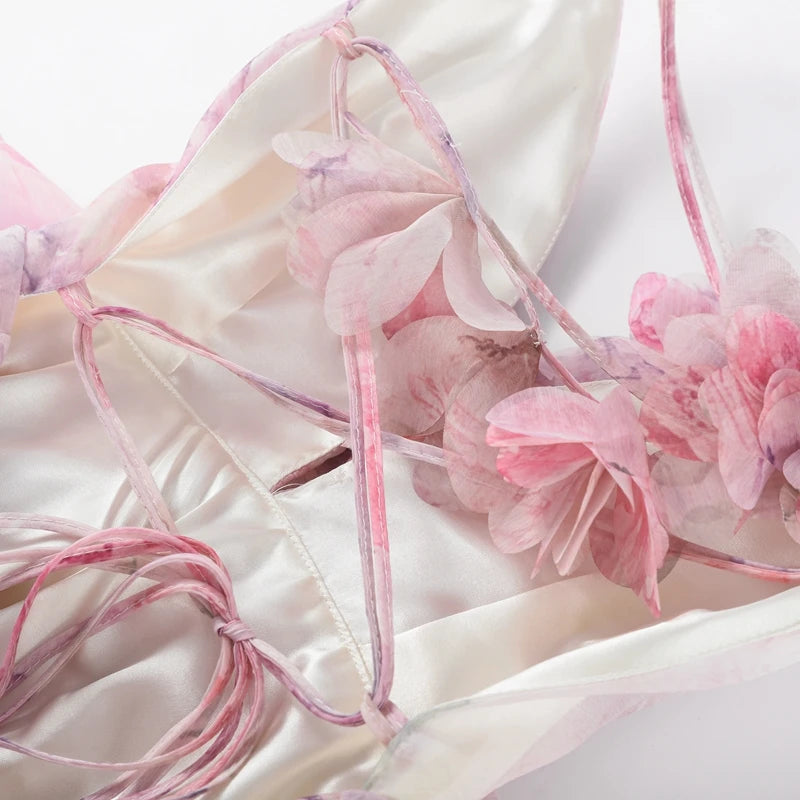 Chic Floral Printed Mini Dress Backless Sleeveless Hem Stacking Dresses Sweet A Line Vestidos 2025 New Lady Party Club Clothing