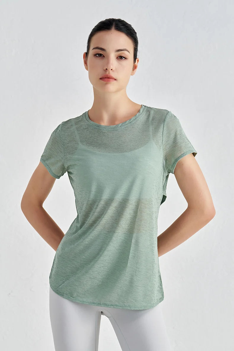 TRY TO BN Gym Tops Women Short Sleeve Sports Fitness Nylon Hollow Back Breathable Women's T-Shirt Training Runing Yoga Clothing