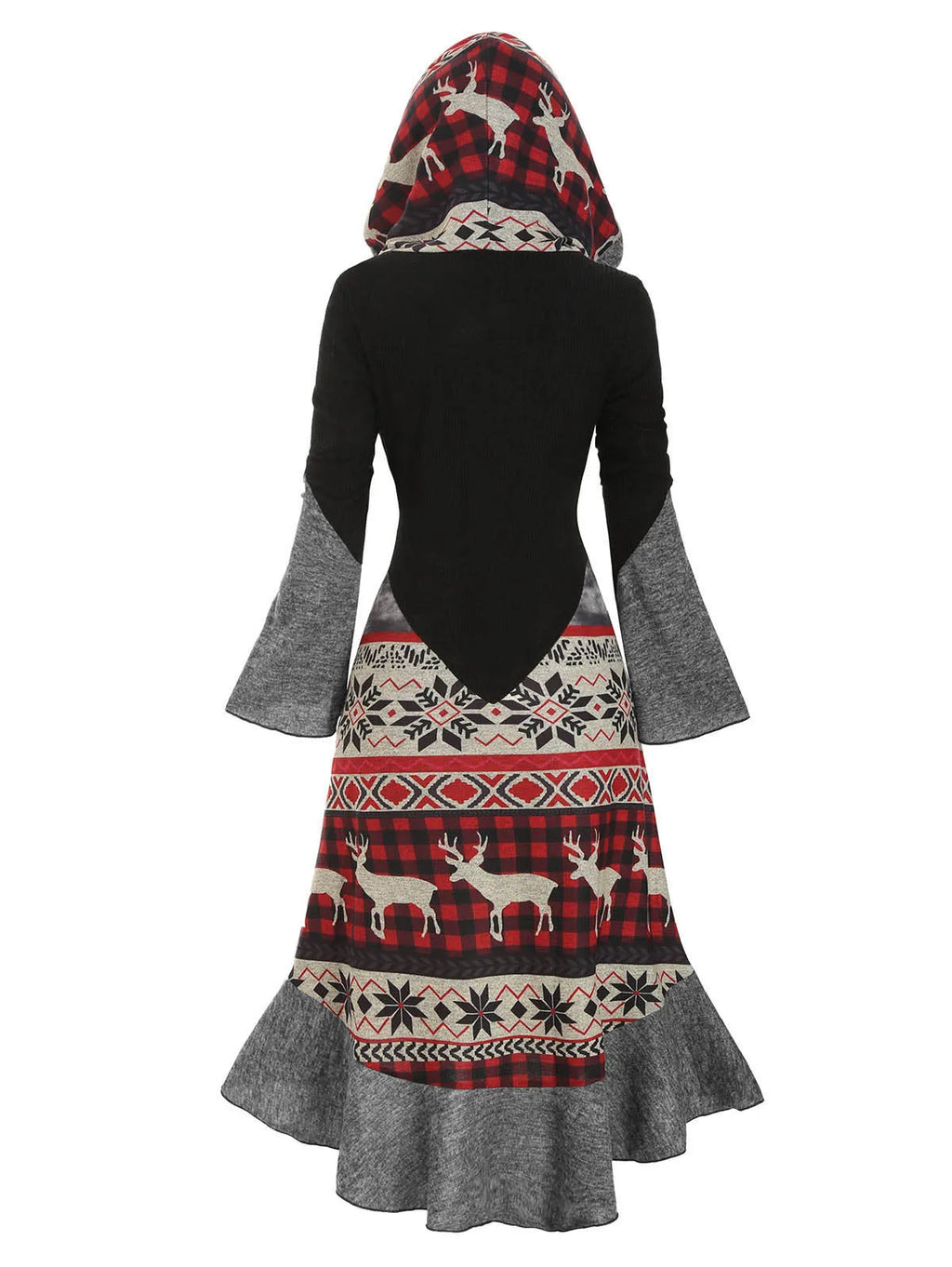 Dressfo Christmas Dress Elk Snowflake Tribal Pattern Knit High Low Flocking Liner Hooded Dress Button Up Flare Sleeve Midi Dress