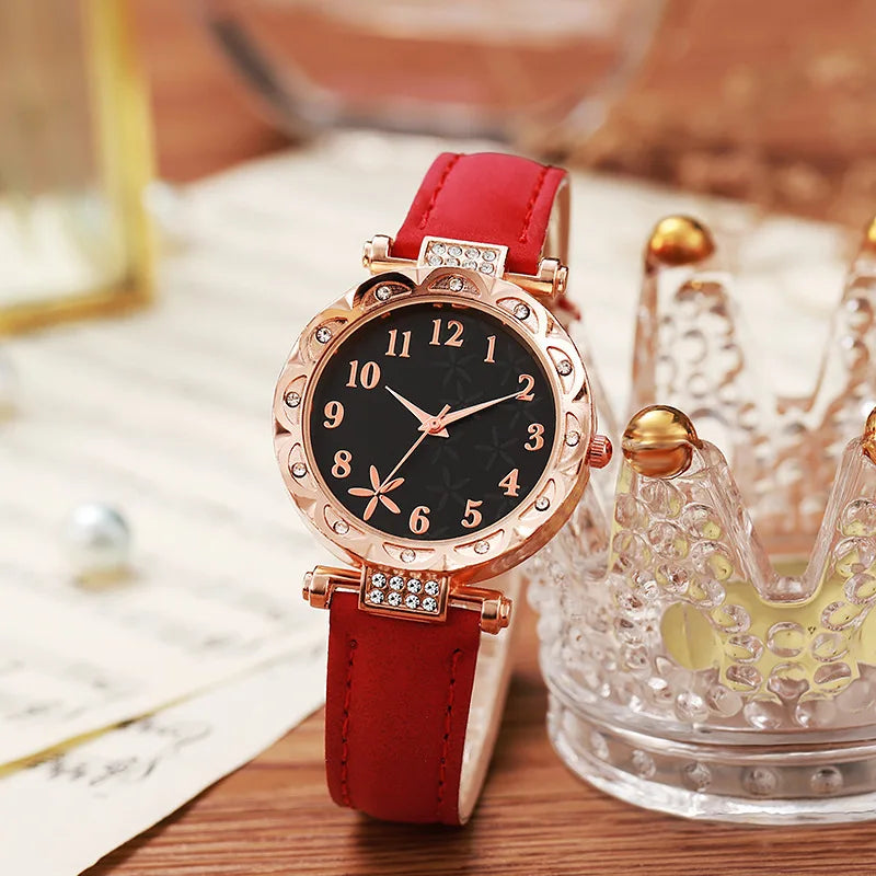 Fashion Sunflower Dial Watch Rose Gold Women's Starfish Quartz Watch Leather Strap Temperament Water Diamond