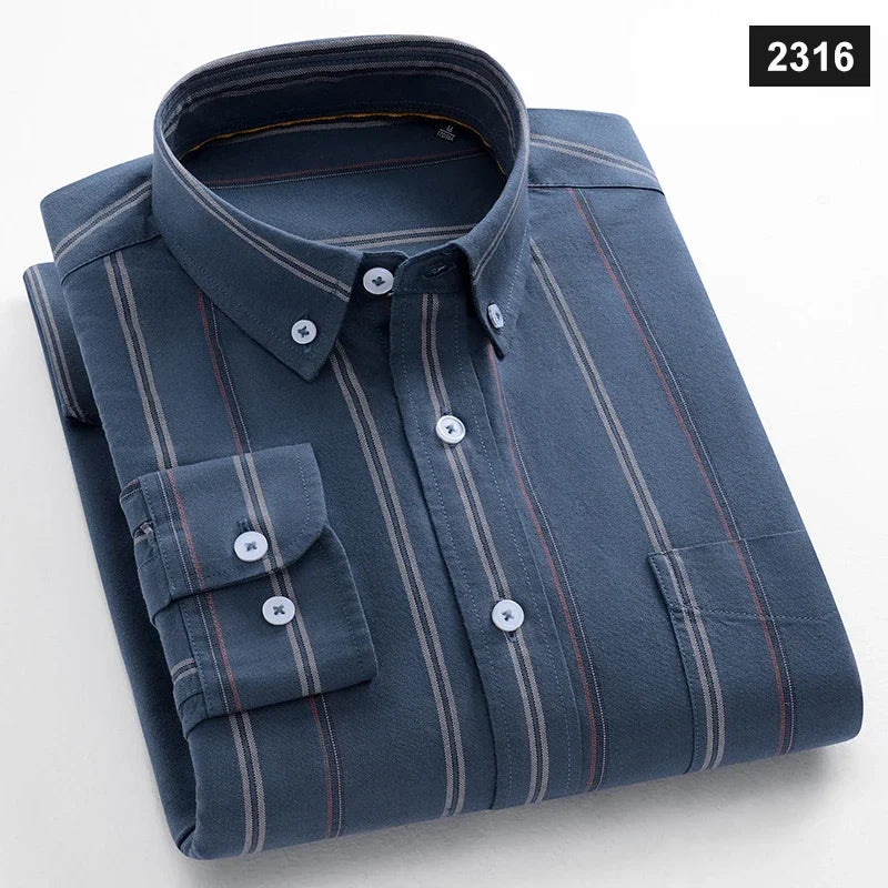 Men Cotton Oxford Striped Casual Long Sleeve Shirts New Fashion Businessman Office Daily Classic Men Top Clothing Dress Regular