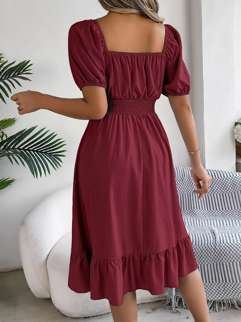 Spring Summer Elegant High Waisted Dress Square Neck Short Sleeved Ruffled Edge Long Dresses for Women 2026 Valentine's Day