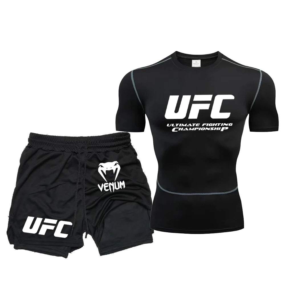 Summer Outdoor Sports Fitness Short Sleeve Street Jogging Top Set UFC Men's New Fighting Tight Elastic T-shirt Pants Set