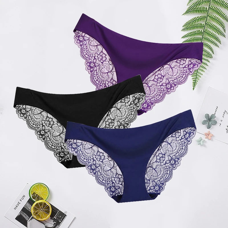 Women's Seamless Underwear Leopard Intimate Women Sexy Lace Black Floral Panties Seamless Panty 3pcs/set