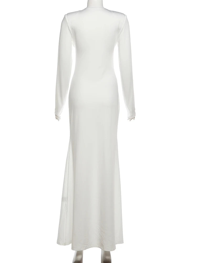 Nibber Sexy Low-Neck Maxi Dress Shoulder Pads Skinny Solid Long Sleeve Elasticity Prom Party Simple Classic Elegant Vestidos