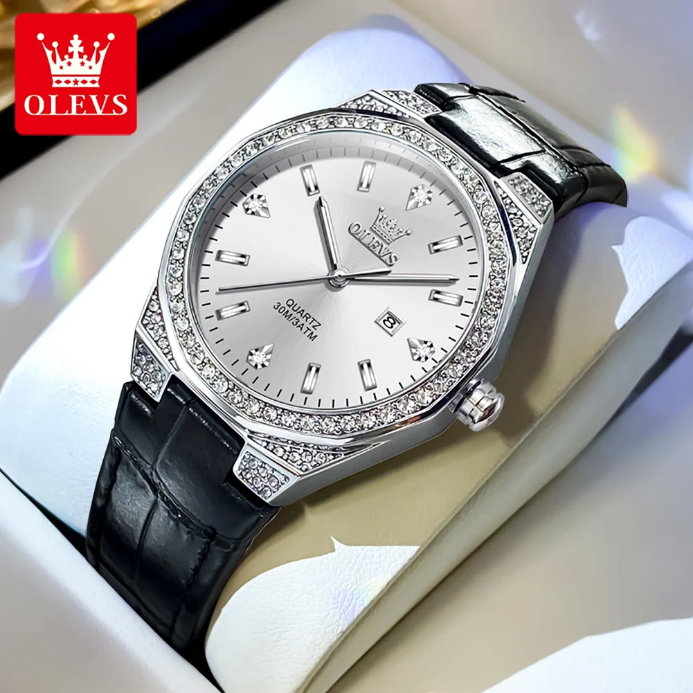 OLEVS NEW Women's Watches Pink Leather Strap Full Diamond New Style Date Waterproof Original Quartz Watch for Girl Fashion