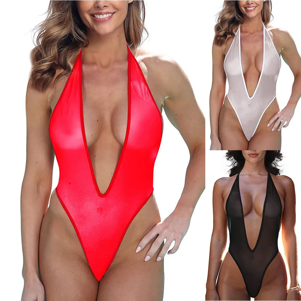 Sexy Women's Erotic Lingerie Halter Deep V Neck Transparent Mesh Bodysuit Sleepwear Backless Nightwear Bodysuits Costumes Female