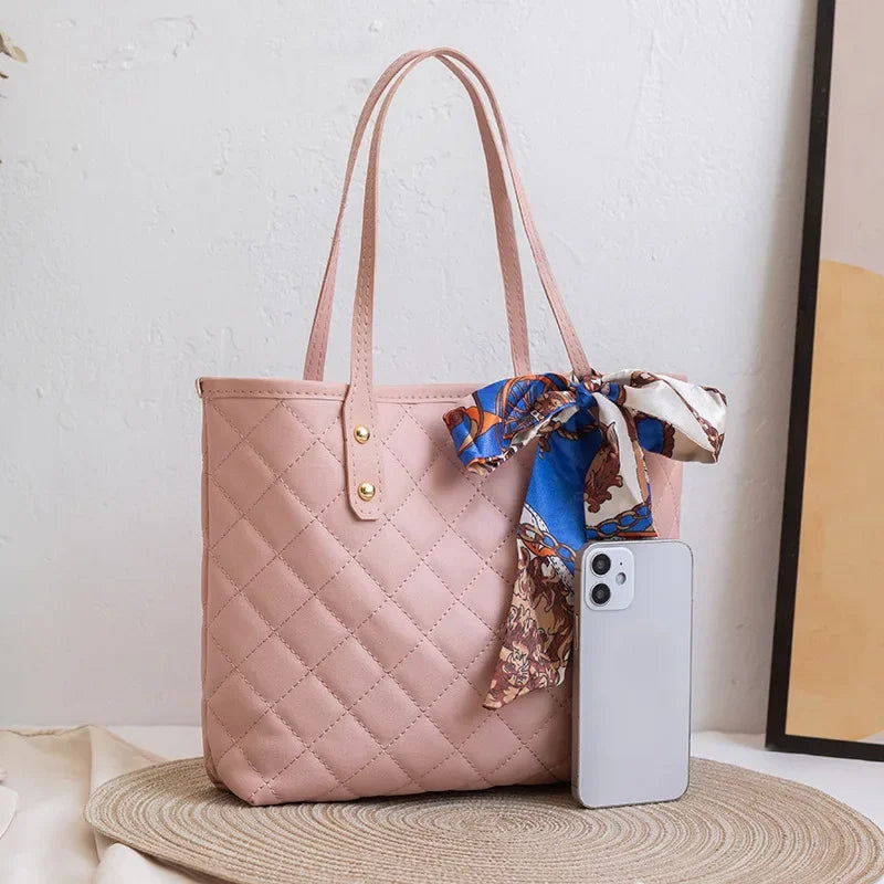 Embroidered Women's Handbag PU Leather Large Capacity Bucket Bag Fashion Beach Tote with Silk Scarf Gift Elegant Daily Use Purse