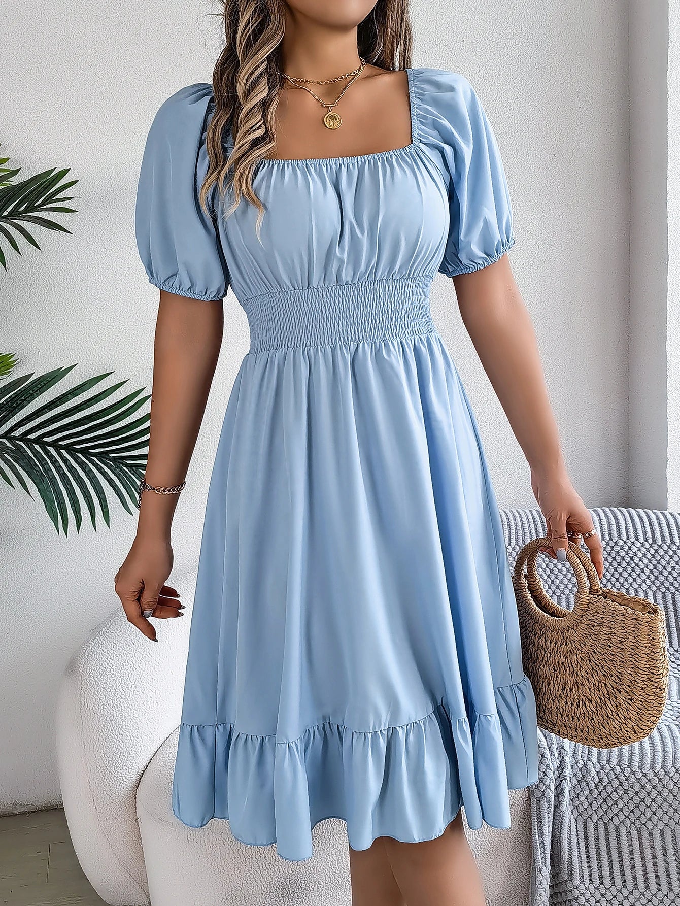 Spring Summer Elegant High Waisted Dress Square Neck Short Sleeved Ruffled Edge Long Dresses for Women 2026 Valentine's Day